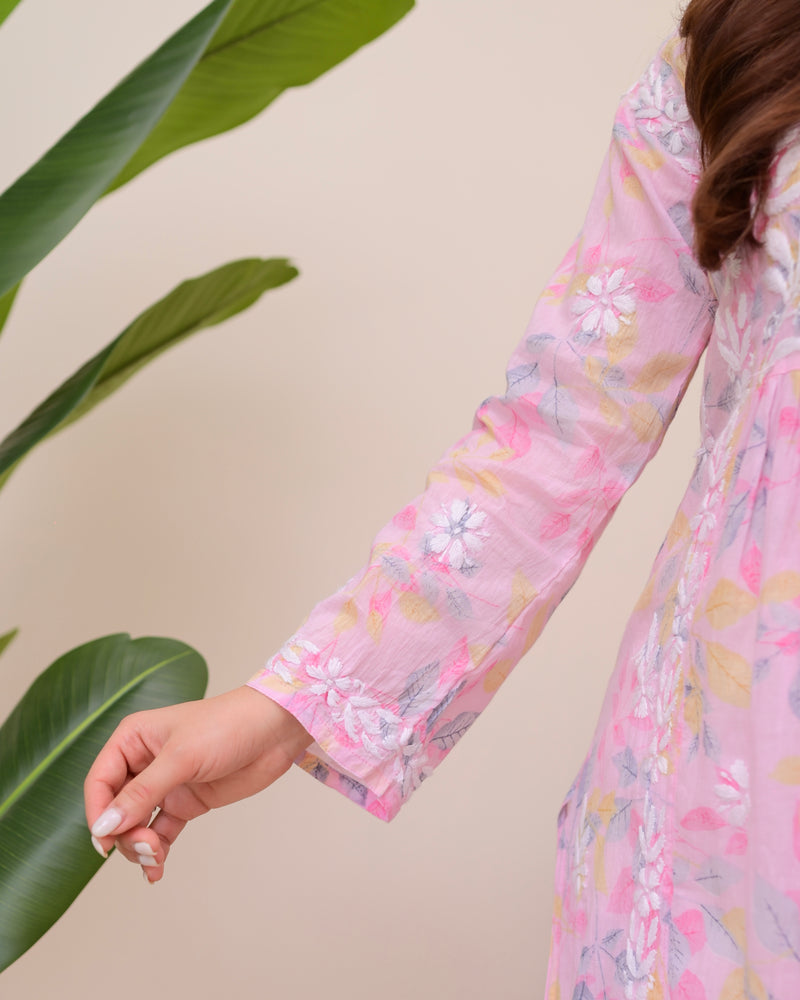 Pink Pastel Flora Mul Cotton Chikankari Kurta