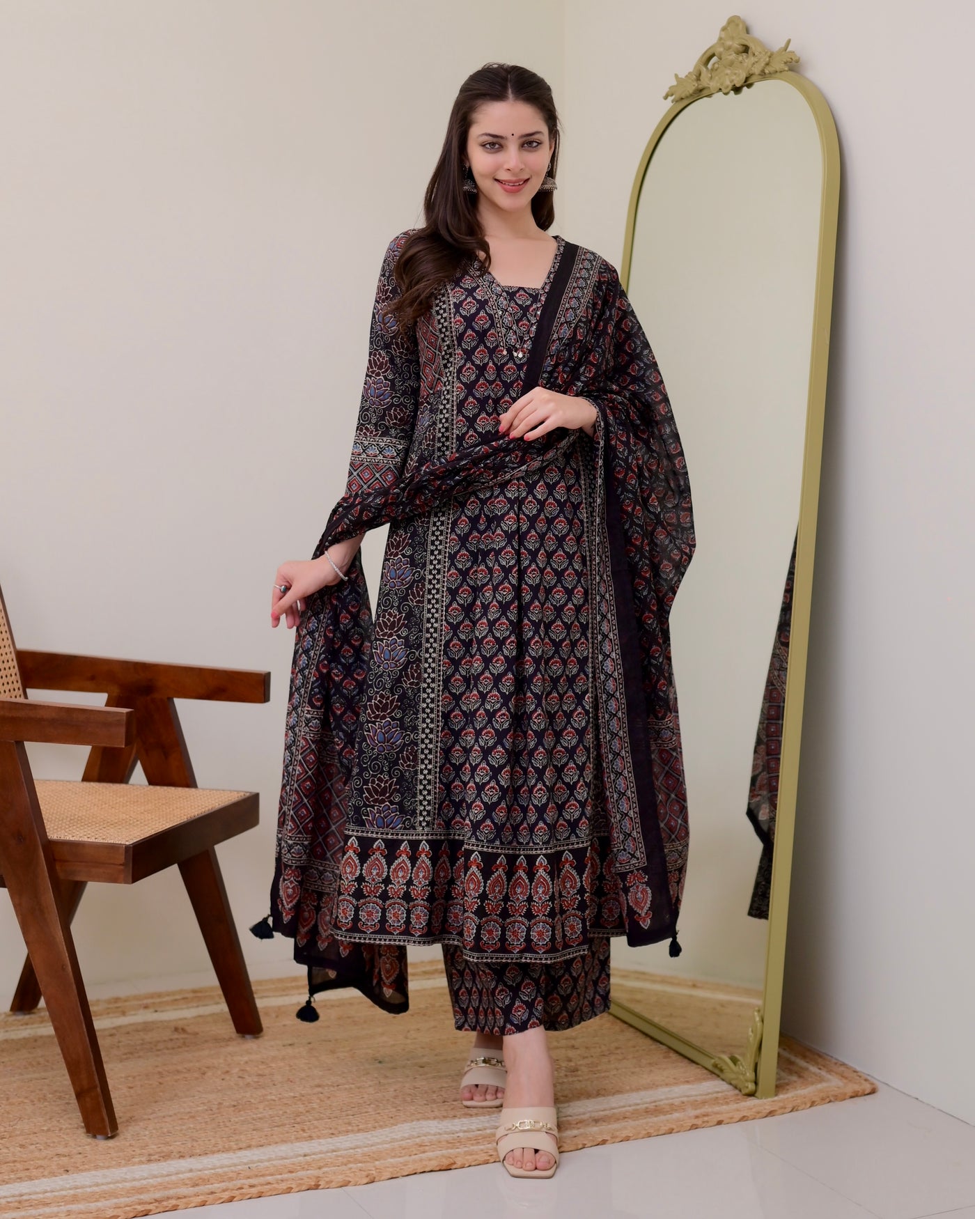 Black A Line Printed Premium Cotton Suit