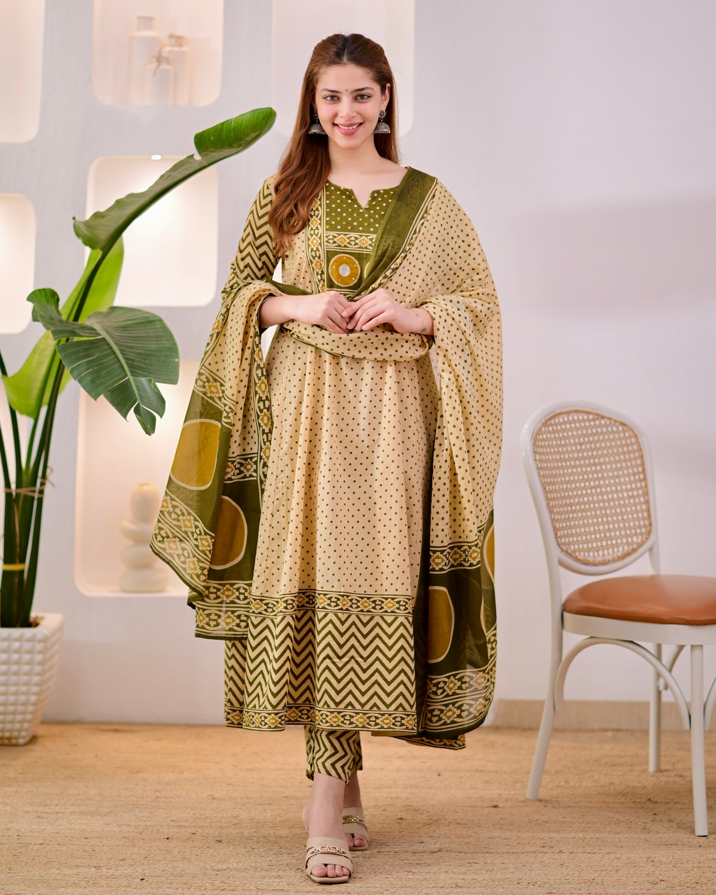 Olive Mustard Noor Cotton A Line Suit