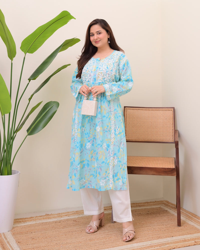 Sky Blue Pastel Flora Mul Cotton Chikankari Kurta