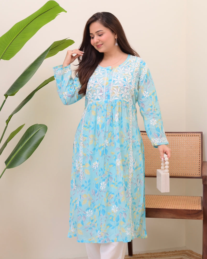 Sky Blue Pastel Flora Mul Cotton Chikankari Kurta