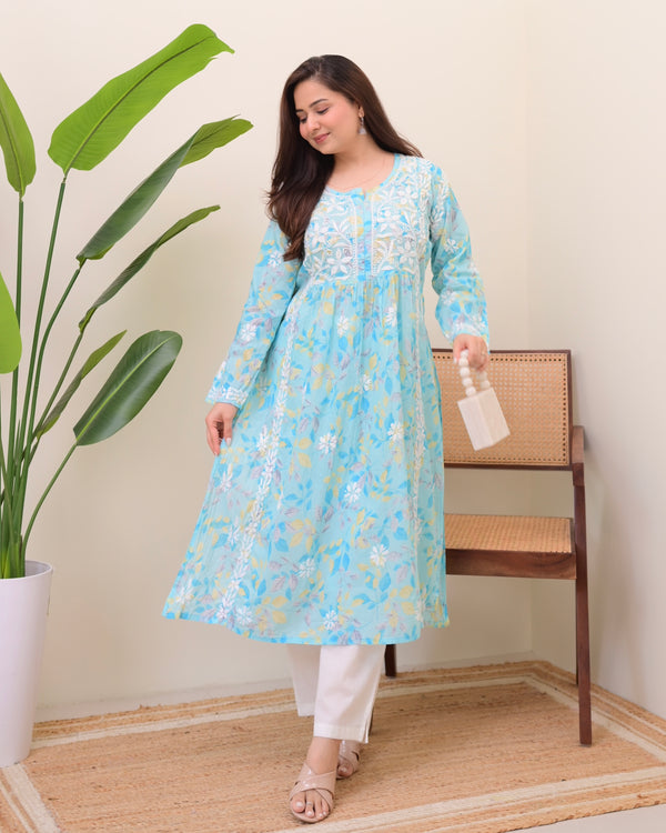 Sky Blue Pastel Flora Mul Cotton Chikankari Kurta