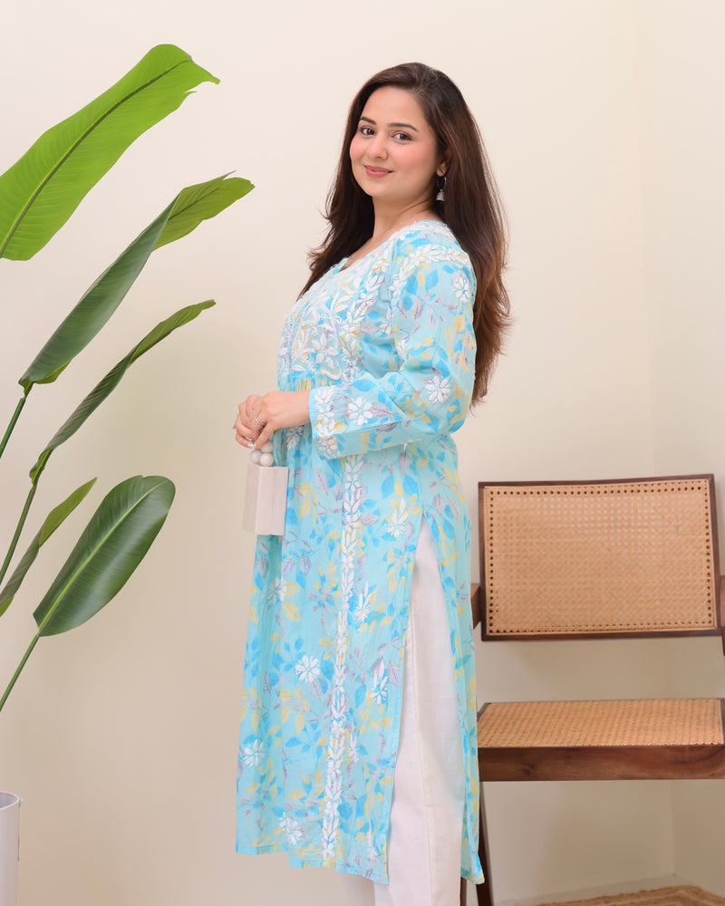 Sky Blue Pastel Flora Mul Cotton Chikankari Kurta