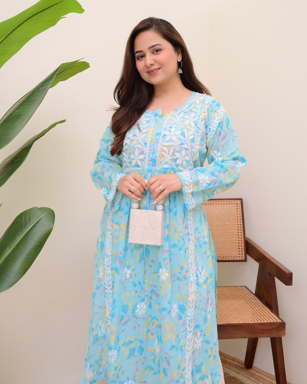 Sky Blue Pastel Flora Mul Cotton Chikankari Kurta