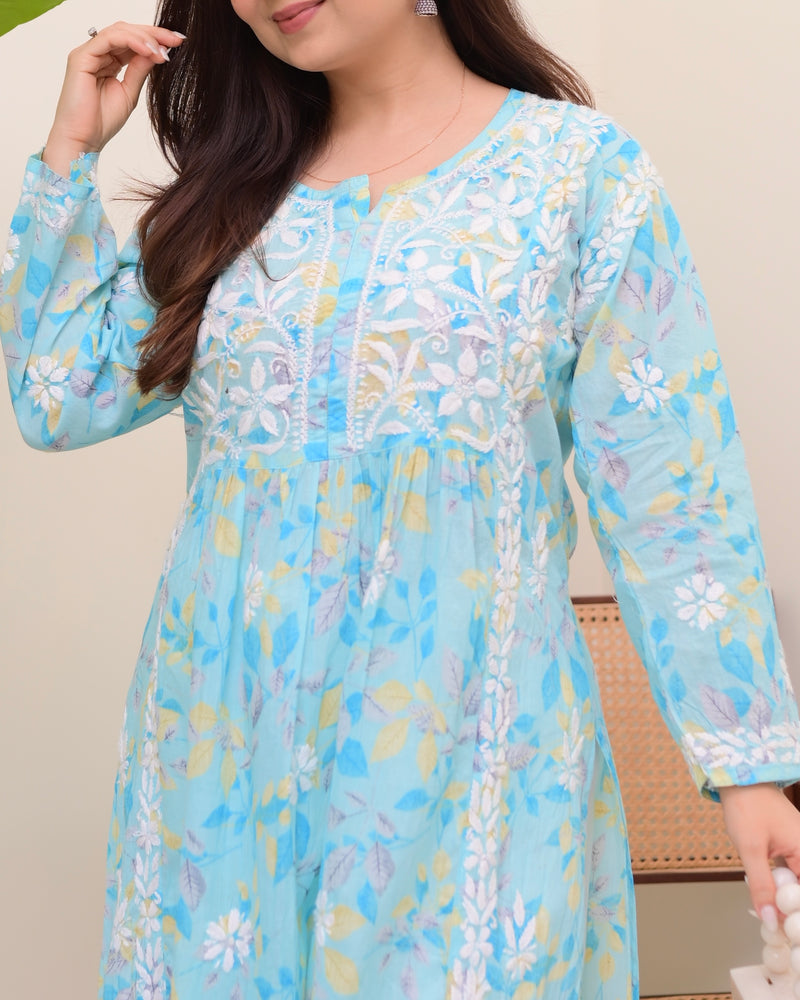 Sky Blue Pastel Flora Mul Cotton Chikankari Kurta