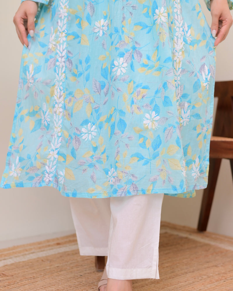 Sky Blue Pastel Flora Mul Cotton Chikankari Kurta