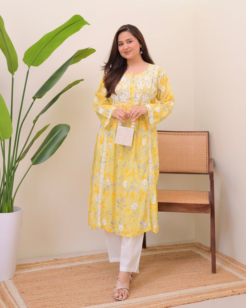 Yellow Pastel Flora Mul Cotton Chikankari Kurta