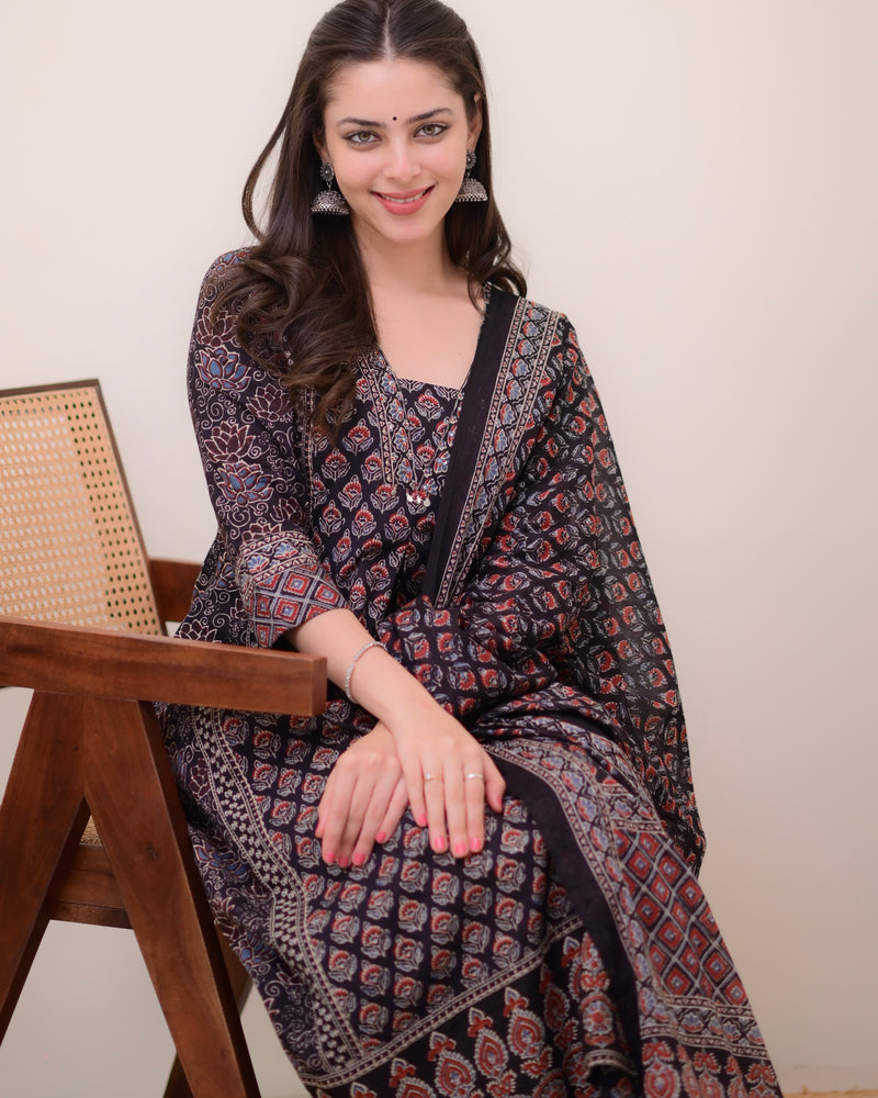 Black A Line Printed Premium Cotton Suit