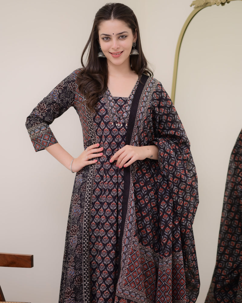 Black A Line Printed Premium Cotton Suit