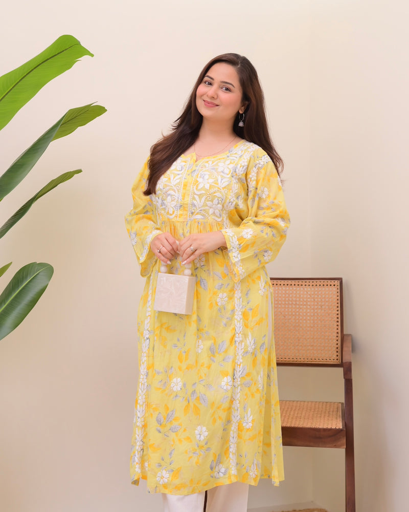 Yellow Pastel Flora Mul Cotton Chikankari Kurta