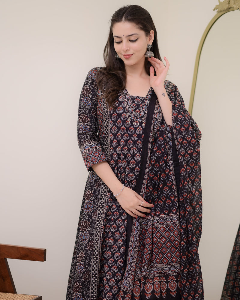 Black A Line Printed Premium Cotton Suit