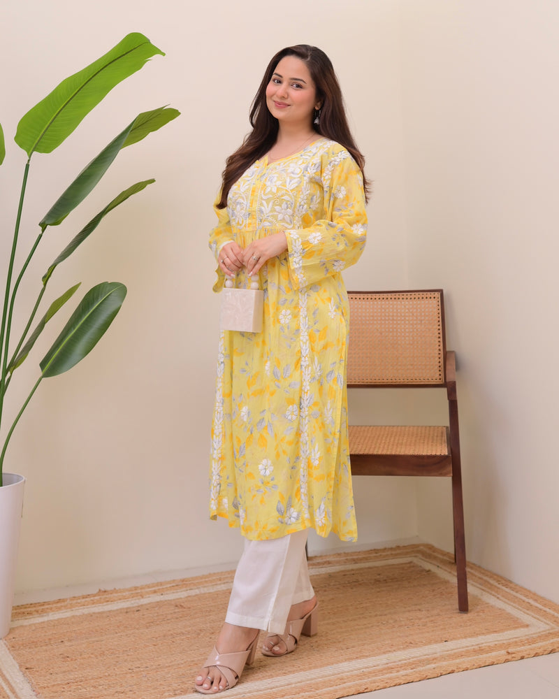 Yellow Pastel Flora Mul Cotton Chikankari Kurta