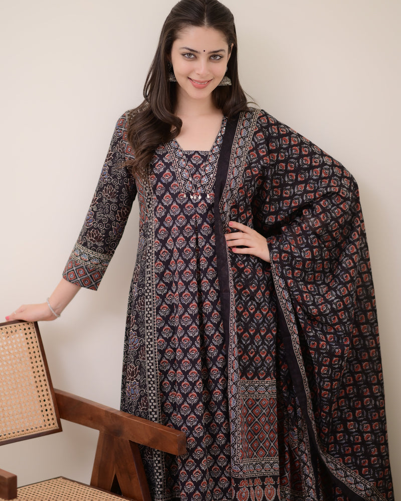 Black A Line Printed Premium Cotton Suit