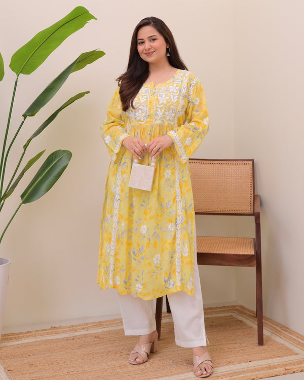 Yellow Pastel Flora Mul Cotton Chikankari Kurta