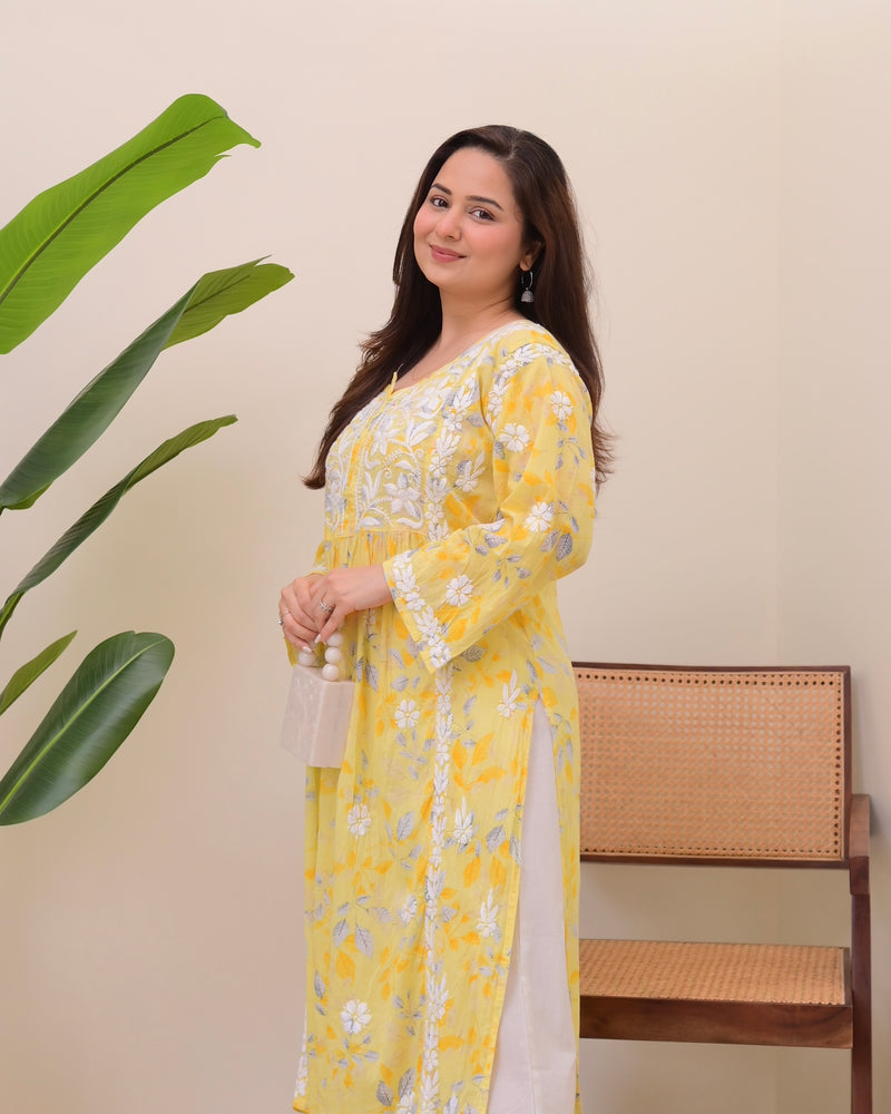 Yellow Pastel Flora Mul Cotton Chikankari Kurta