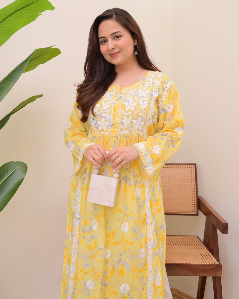 Yellow Pastel Flora Mul Cotton Chikankari Kurta