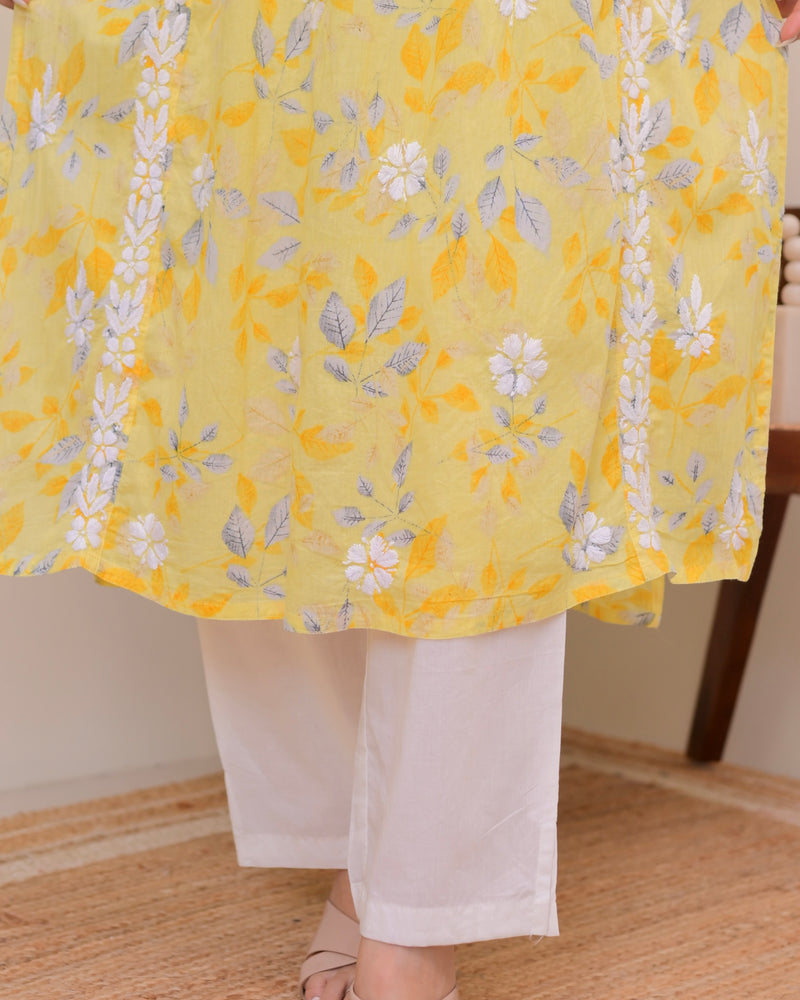 Yellow Pastel Flora Mul Cotton Chikankari Kurta