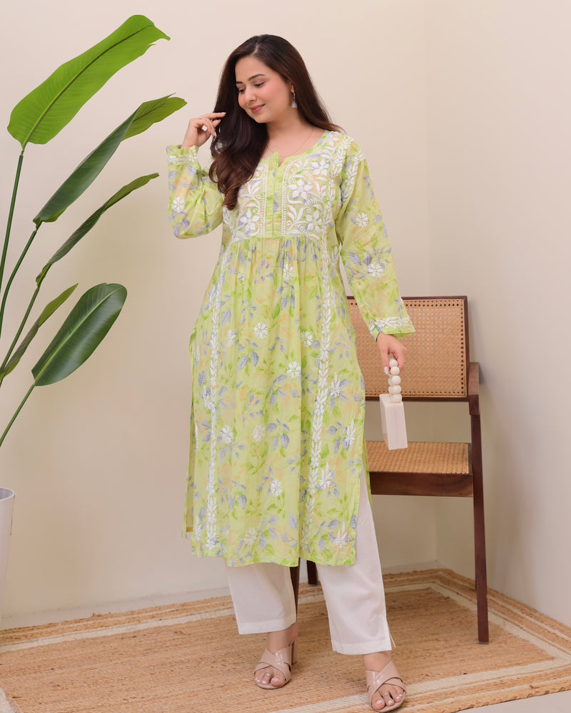 Green Pastel Flora Mul Cotton Chikankari Kurta