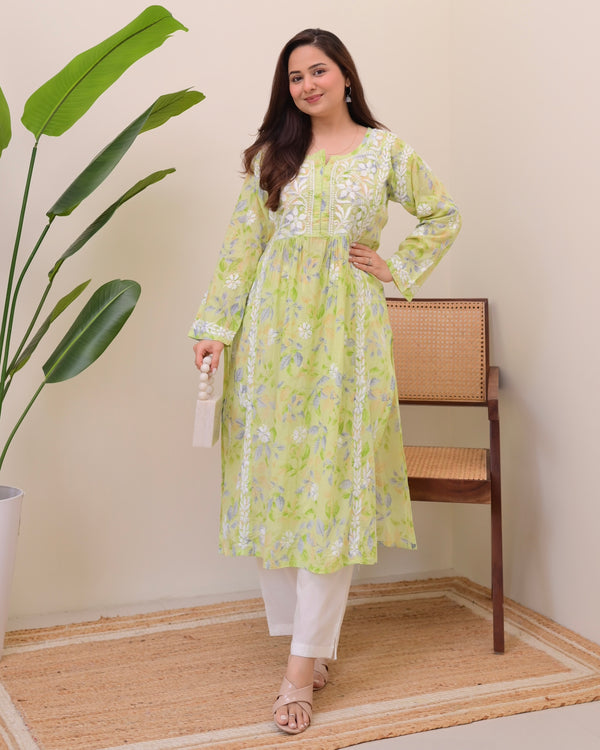 Green Pastel Flora Mul Cotton Chikankari Kurta