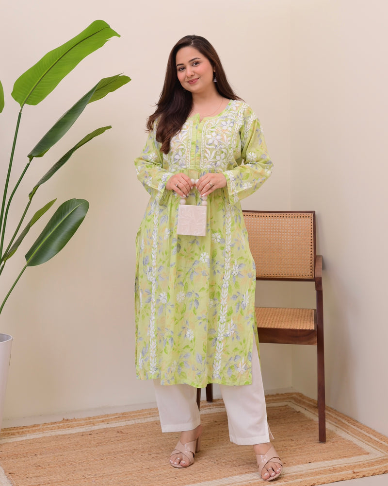 Green Pastel Flora Mul Cotton Chikankari Kurta