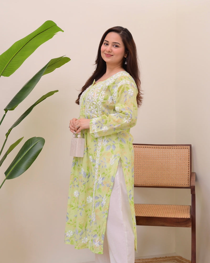 Green Pastel Flora Mul Cotton Chikankari Kurta