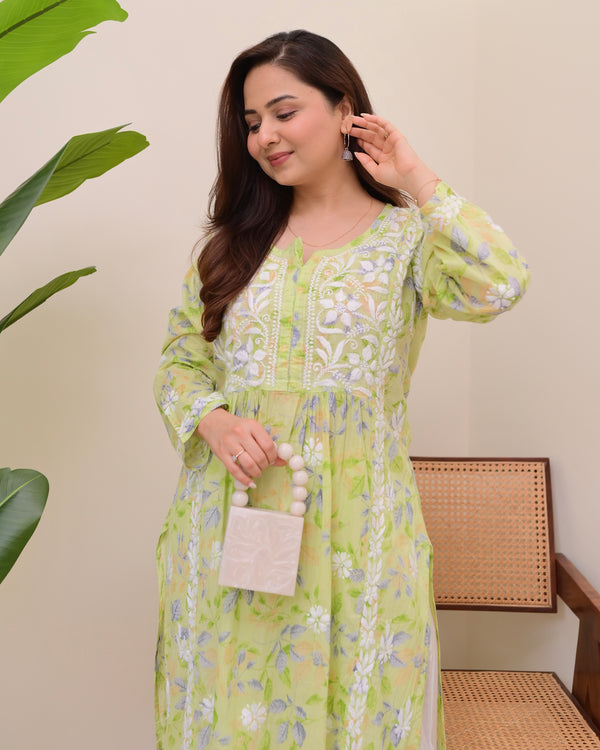 Green Pastel Flora Mul Cotton Chikankari Kurta