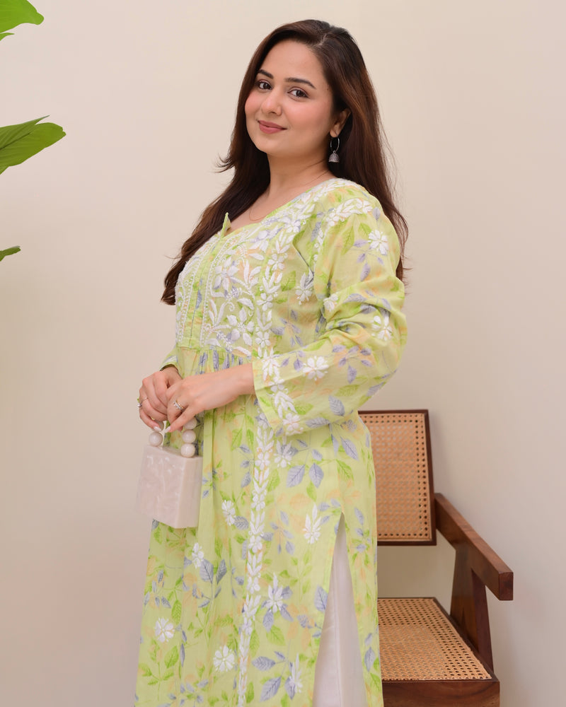Green Pastel Flora Mul Cotton Chikankari Kurta