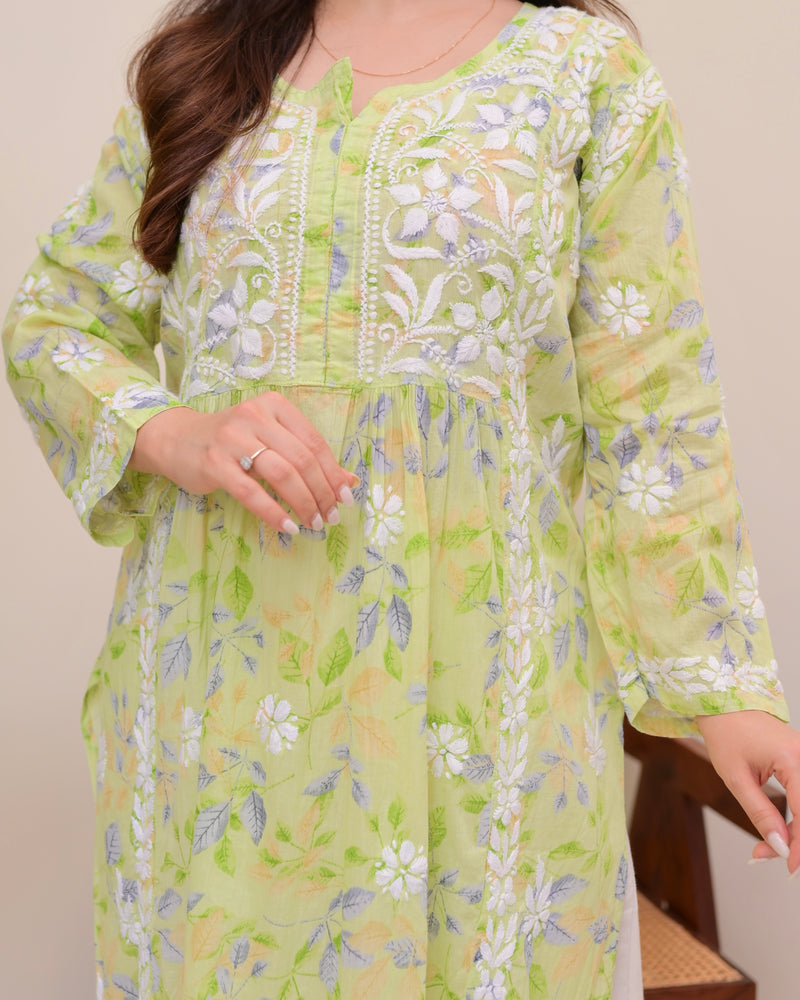 Green Pastel Flora Mul Cotton Chikankari Kurta