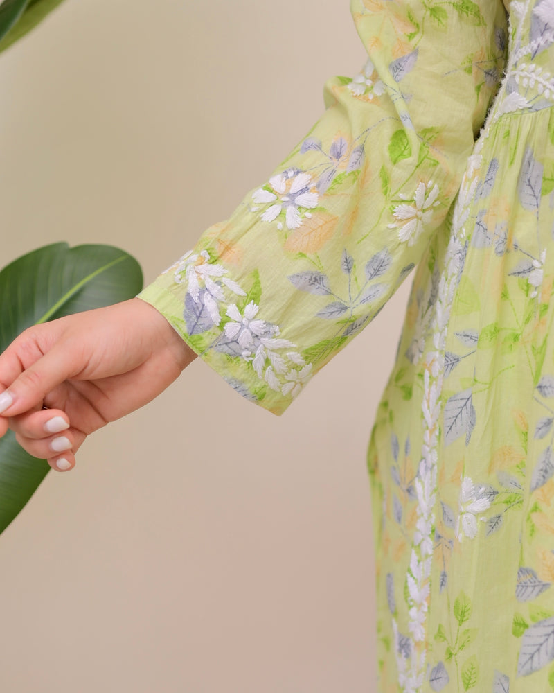 Green Pastel Flora Mul Cotton Chikankari Kurta