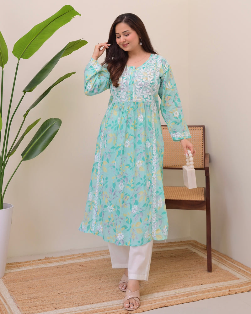 Turquoise Pastel Flora Mul Cotton Chikankari Kurta