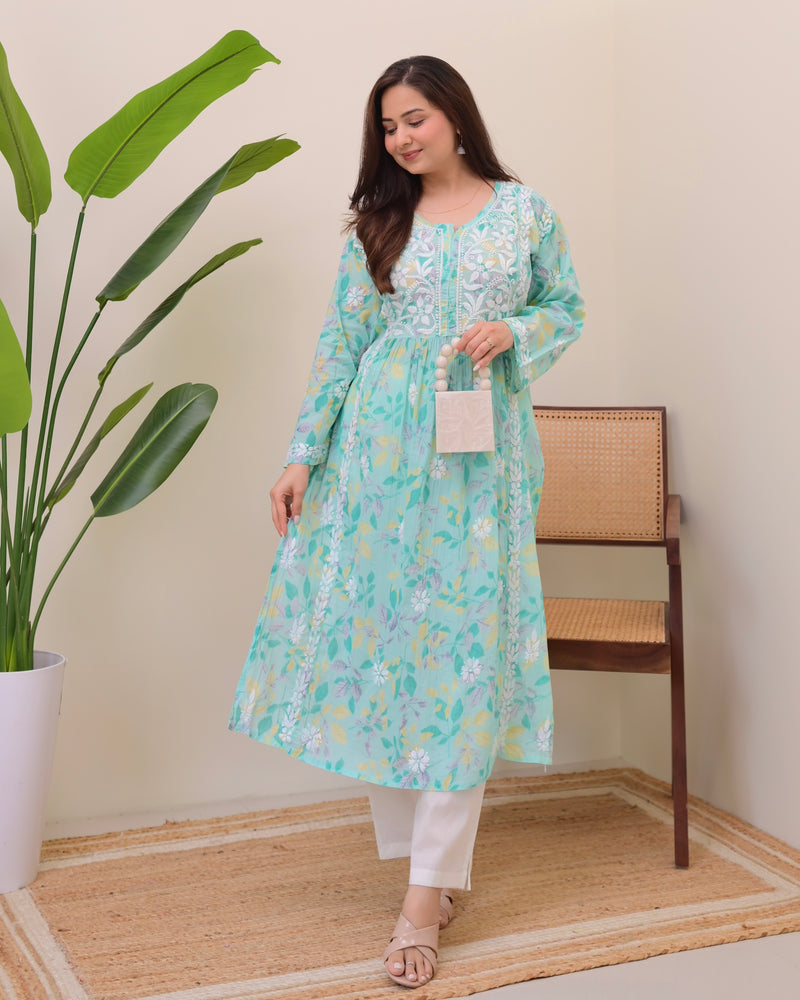 Turquoise Pastel Flora Mul Cotton Chikankari Kurta