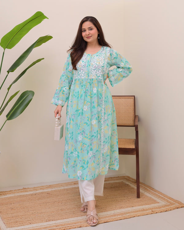 Turquoise Pastel Flora Mul Cotton Chikankari Kurta