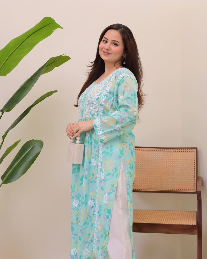 Turquoise Pastel Flora Mul Cotton Chikankari Kurta
