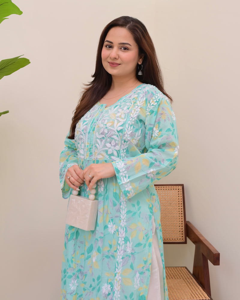 Turquoise Pastel Flora Mul Cotton Chikankari Kurta