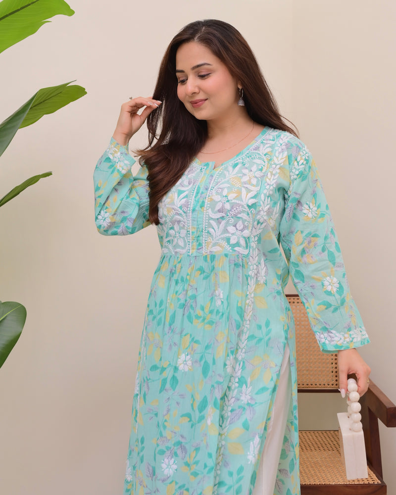Turquoise Pastel Flora Mul Cotton Chikankari Kurta