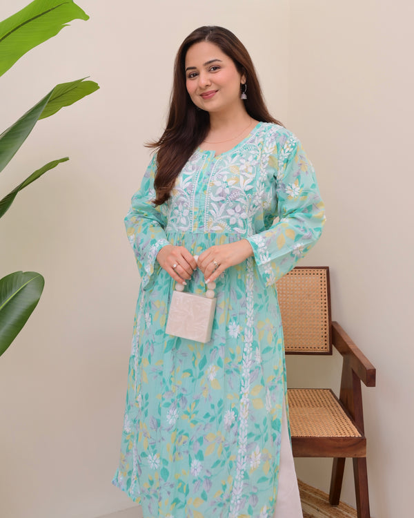 Turquoise Pastel Flora Mul Cotton Chikankari Kurta