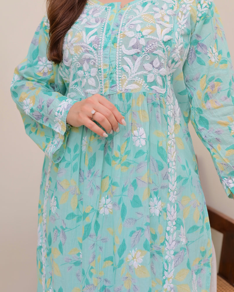 Turquoise Pastel Flora Mul Cotton Chikankari Kurta