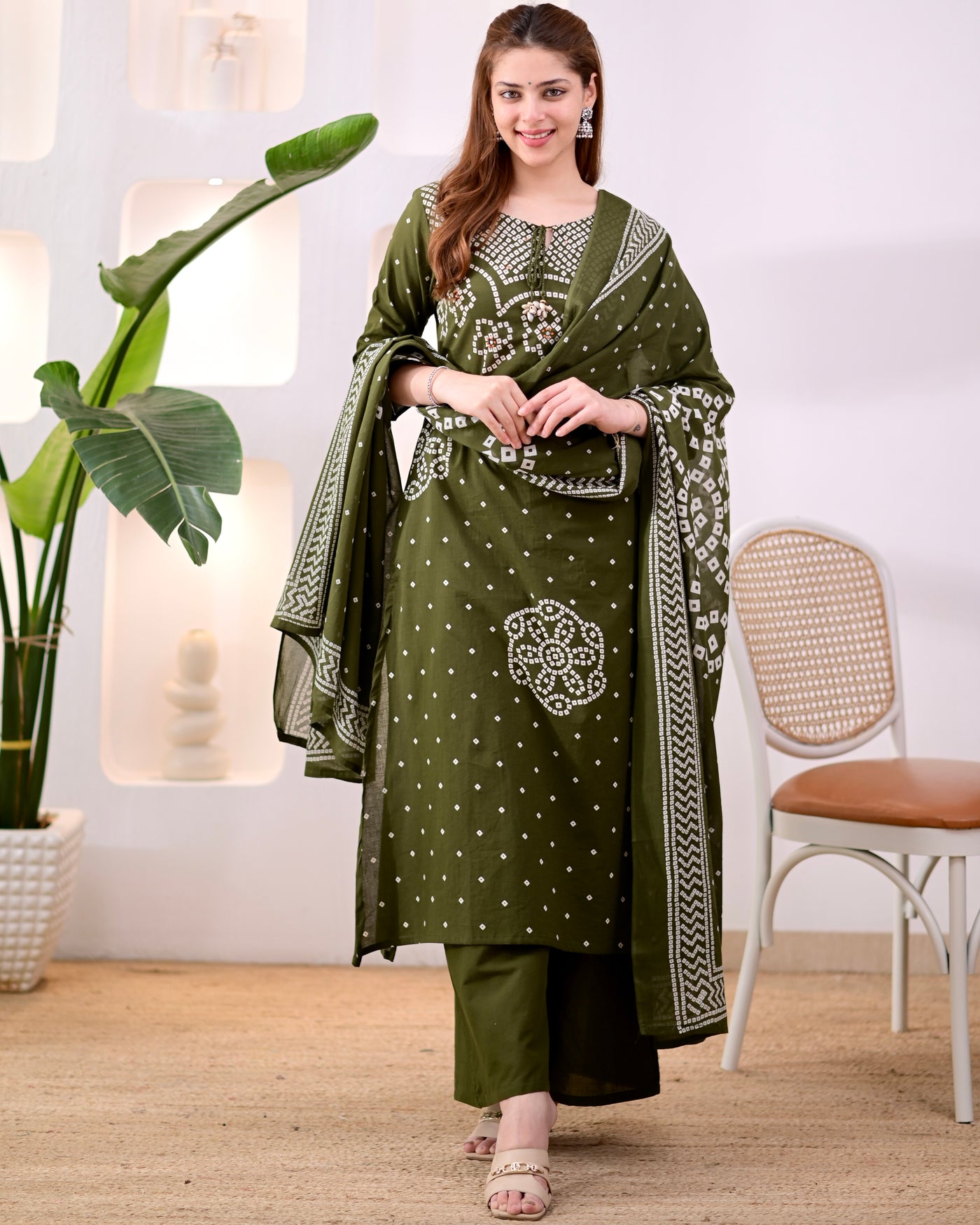 Mehendi Muse Bandhej Mirror Work Cotton Suit