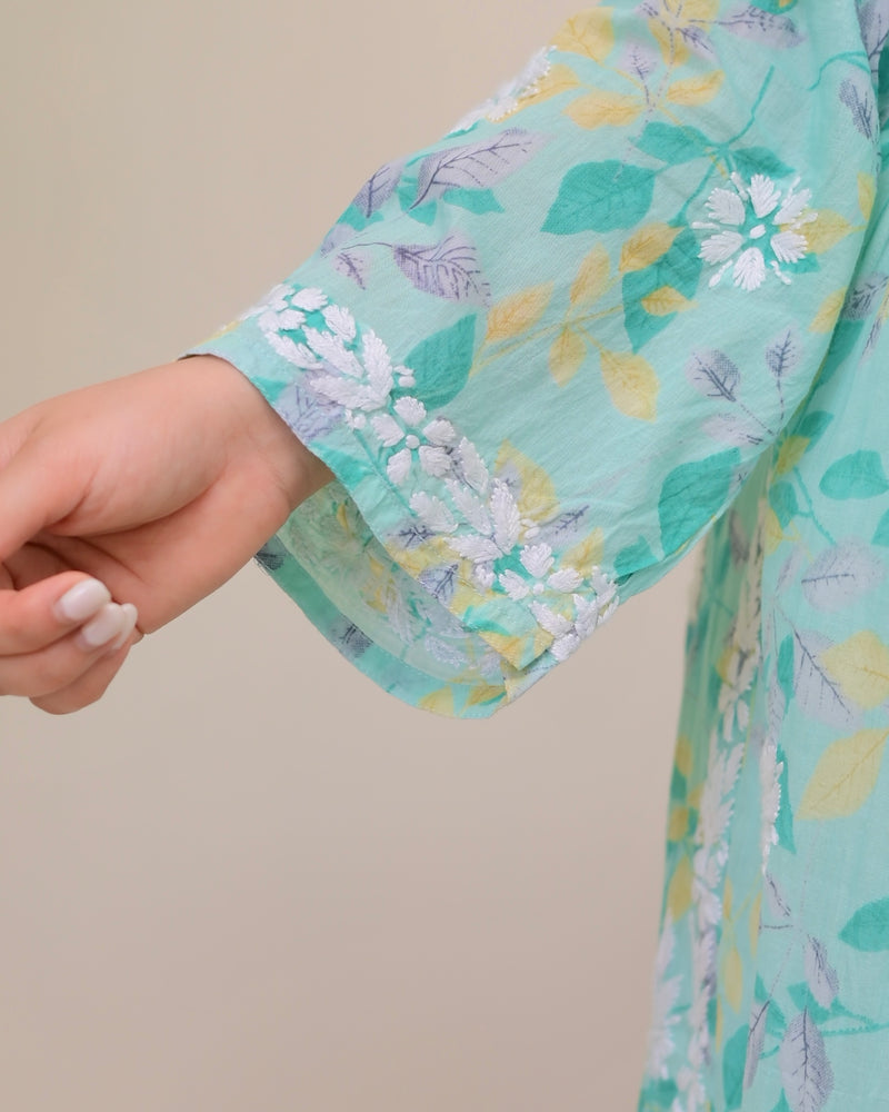 Turquoise Pastel Flora Mul Cotton Chikankari Kurta