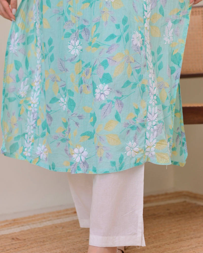 Turquoise Pastel Flora Mul Cotton Chikankari Kurta