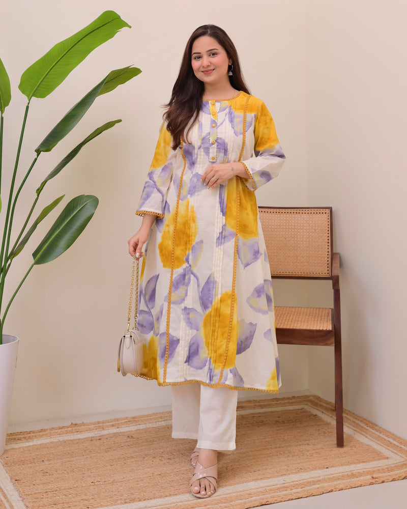 Sunlit Lilac Pintex A Line Cotton Kurta Set