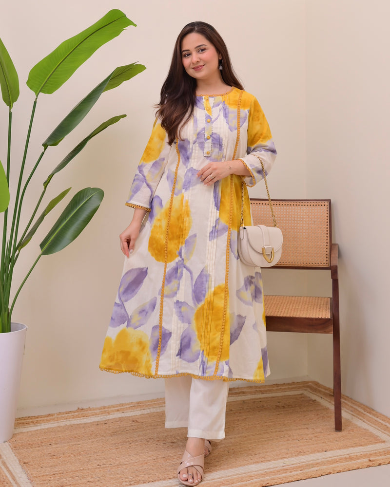 Sunlit Lilac Pintex A Line Cotton Kurta Set