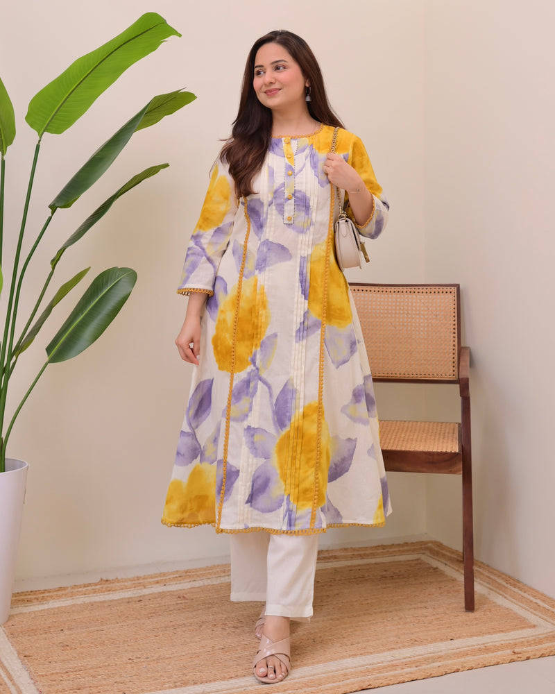 Sunlit Lilac Pintex A Line Cotton Kurta Set