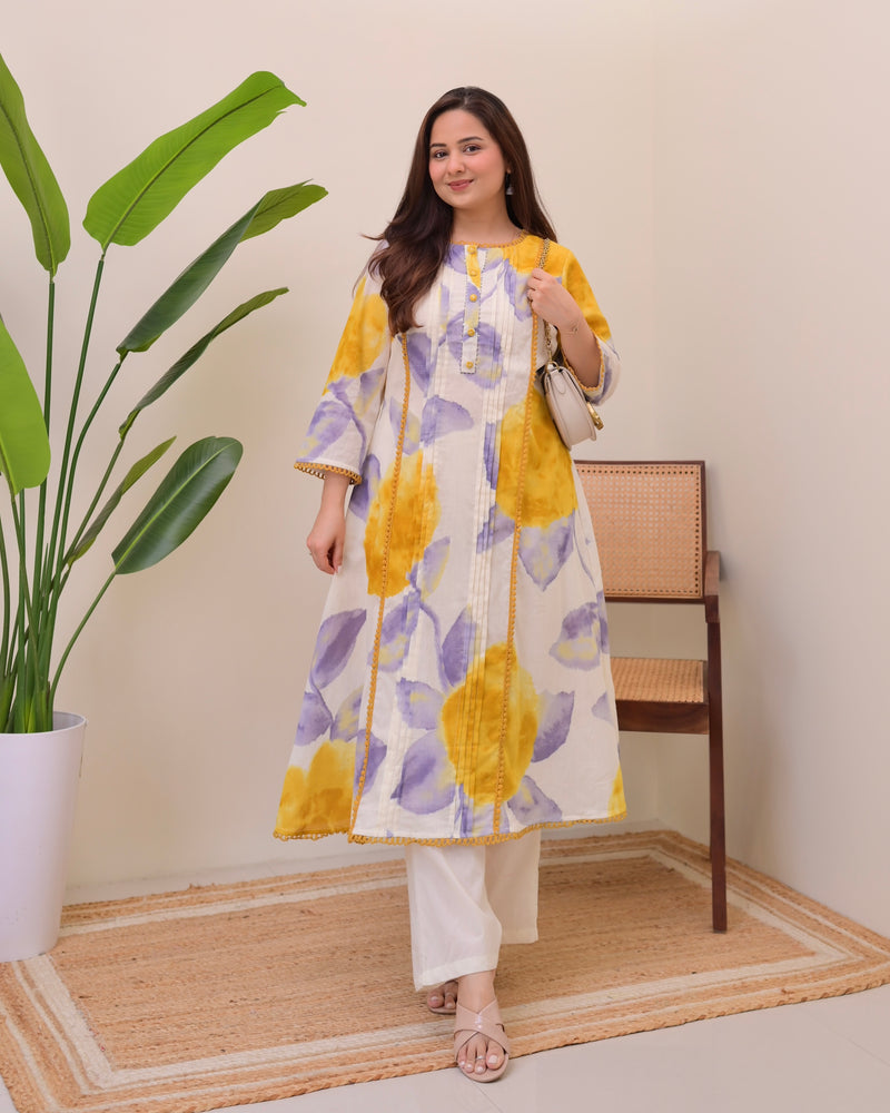 Sunlit Lilac Pintex A Line Cotton Kurta Set