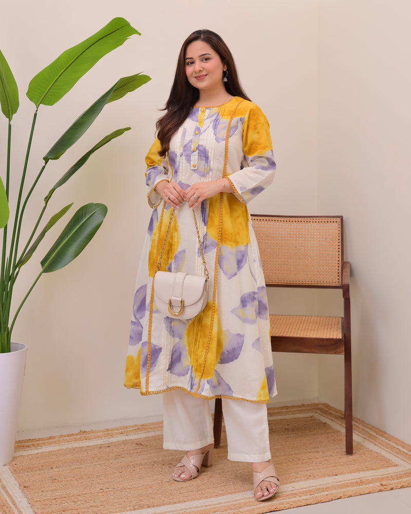 Sunlit Lilac Pintex A Line Cotton Kurta Set