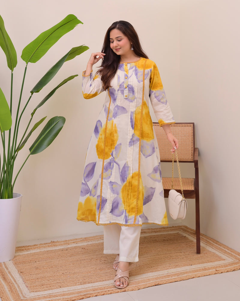 Sunlit Lilac Pintex A Line Cotton Kurta Set