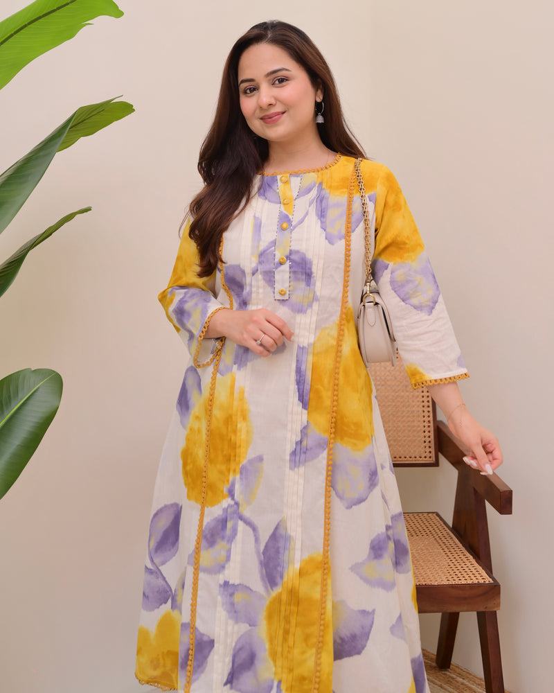 Sunlit Lilac Pintex A Line Cotton Kurta Set