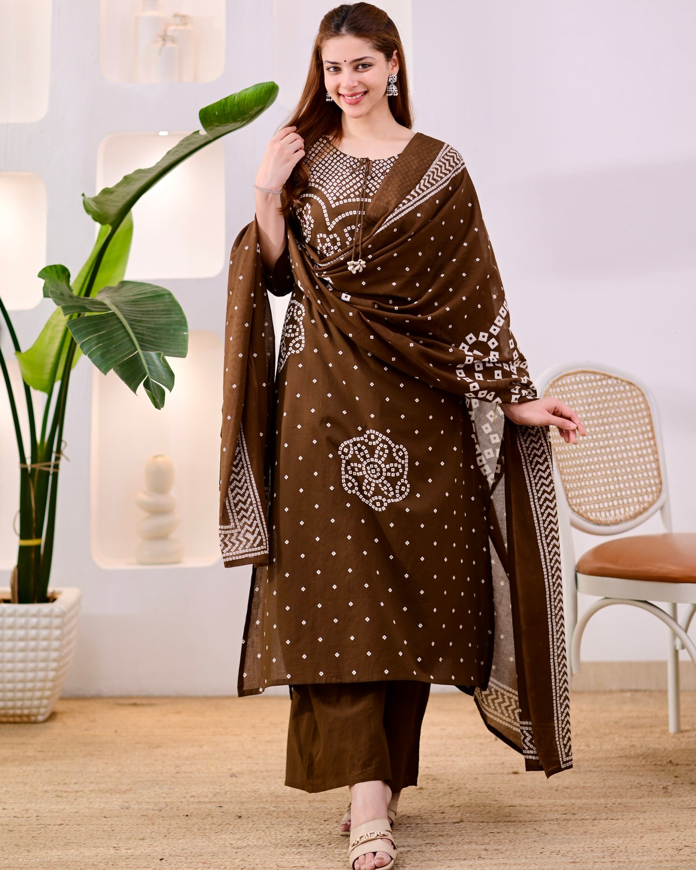 Mocha Mehfil Bandhej Mirror Work Cotton Suit