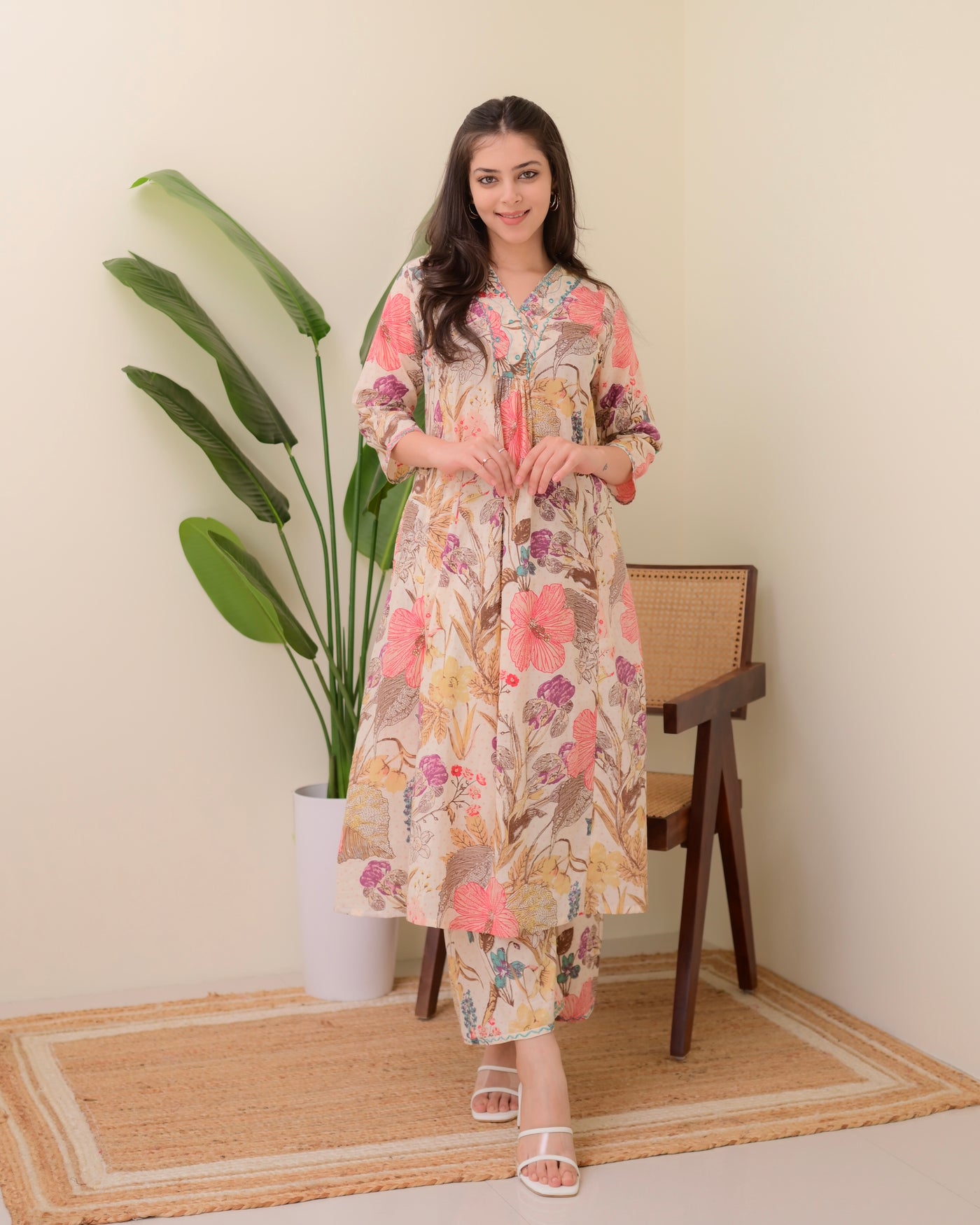 Ivory Hibiscus Floral Cotton A Line Kurta Palazzo Set