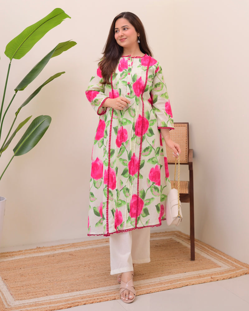 Rosy Radiance Pintex A Line Cotton Kurta Set